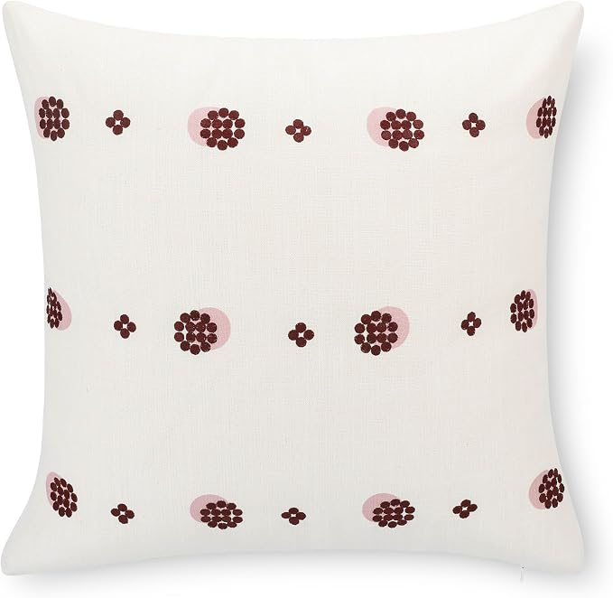 Crumbs Home Modern Farmhouse California Casual Indoor Outdoor Throw Pillow Cover, 20"x20" Water Repellent for Patio, Backyard, Couch, Earth Tone Rust Orange Ivory Cream Embroidered Striped Dots