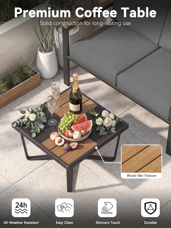 5-Piece Patio Furniture Set with Fire Pit Table & Coffee Table & Removable Washable Cushions, All-Weather Metal Frame and Wood-Like Armrests for Porch, Garden, Balcony,Black