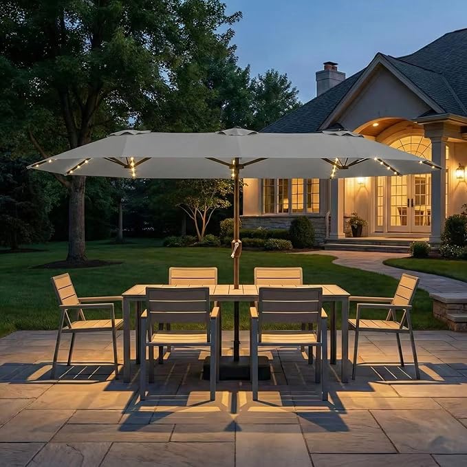 Kingdura 15ft Large Patio Umbrella with Solar Lights, Double-Sided Rectangle Lighted Outdoor Table Umbrella with Base Included, 12 Reinforced Ribs, 48 Led Lights, Crank Lift for Market Pool Deck Backyard, Light grey