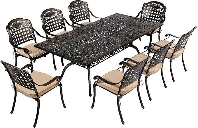 TITIMO 9-Piece Cast Aluminum Patio Furniture Set, Outdoor Patio Dining Set Bistro Conversation Set, Rectangular Dining Table Set w/Cushions Umbrella Hole (Khaki-Fixed Grid Chair, 9 Pcs)
