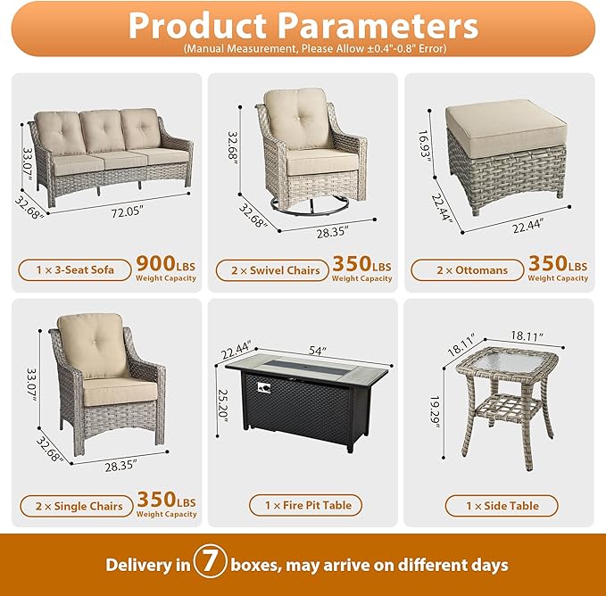 9 PCS Outdoor Patio Furniture Sets,Patio Conversation Sets Outside Rattan Soft Cushion Sofa with 2 Wicker Rocking Chairs & 54 in Fire Pit Table Fit Backyard Porch Garden Poolside Balcony,Beige