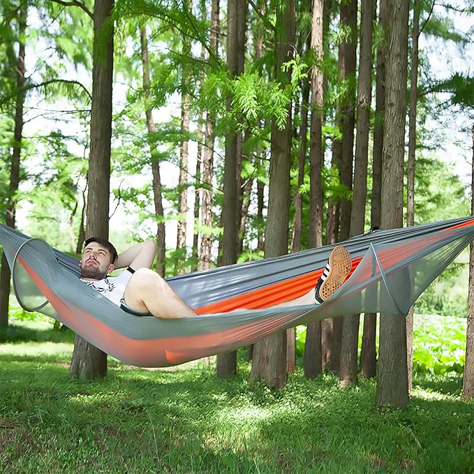 LFL Portable Camping Hammock with Mosquito Net, 1-2 Person Outdoor Swing Hammock, Nylon Parachute Material, Quick Opening Hammock with Net, Hiking Travel Courtyard (Orange)