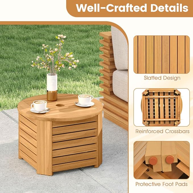 Tangkula 2-in-1 Outdoor Side Table with Storage, Acacia Wood Slatted Coffee Table with Umbrella Hole & Removable Base, Round Slatted End Storage Box for Backyard, Poolside