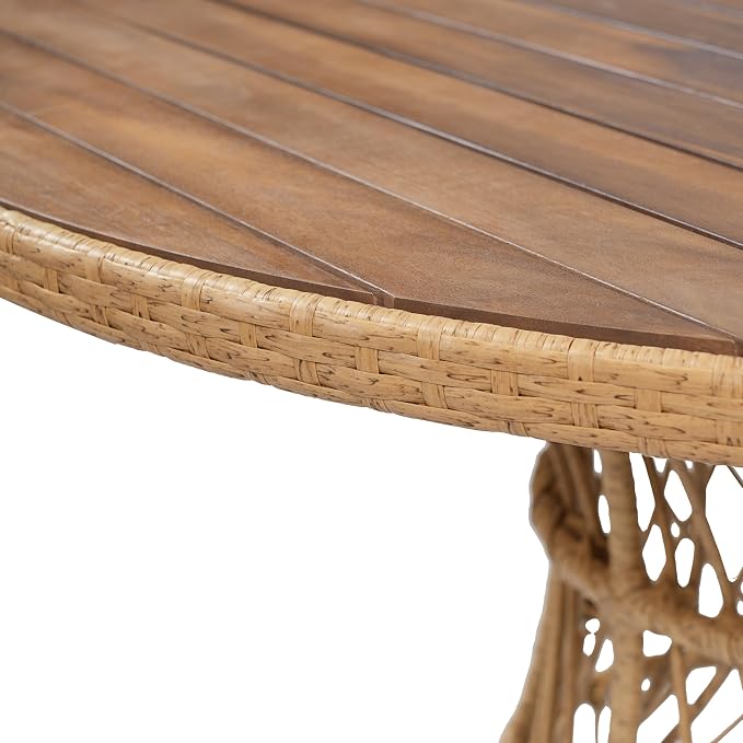 IRONORA Natural Acacia Wood Top Round Patio Dining Table, Woven Rattan Hourglass Base Outdoor Bistro Table, 4-6 Person Wooden Slatted Top Table for Backyard Balcony Garden Coastal Decor