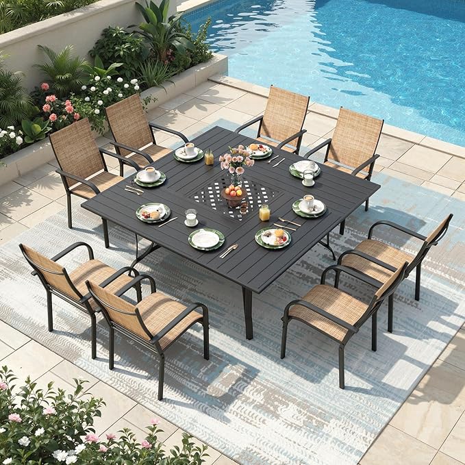 9 Pieces Patio Table and Chairs Set, 59.6" Square Dining Table with Umbrella Hole & 8 Textilene Fixed Chairs, Dining Table Set for 8, Outdoor Furniture for Porch Deck Yard Balcony Lawn, Brown