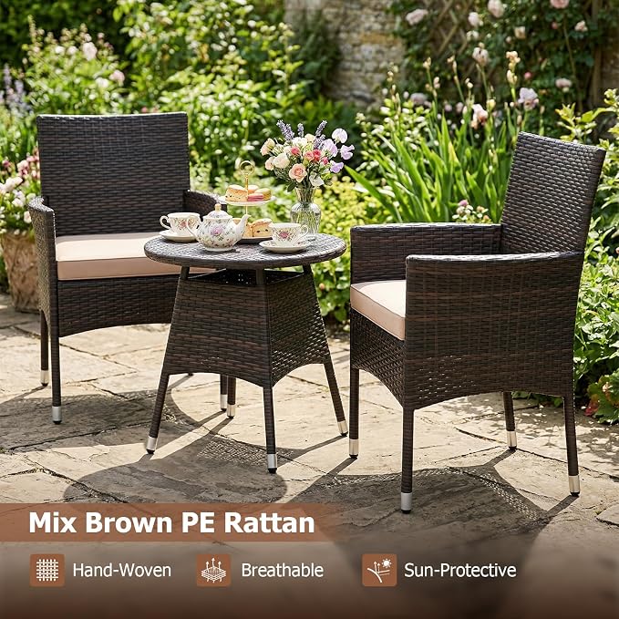 Tangkula 3 Piece Patio Furniture Set, Hand-Woven PE Wicker Conversation Set with Contoured Armchairs, Cushions & Round Coffee Table, Outside Bistro Set for Porch, Backyard, Balcony & Poolside (Beige)