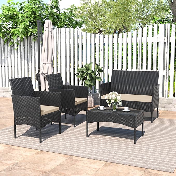 4 Piece Patio Rattan Conversation Set, Outdoor Rattan Chair Wicker Furniture Set, Couple Seats and Tempered Glass Table,Comfort Seat for Patio, Pool or Backyard