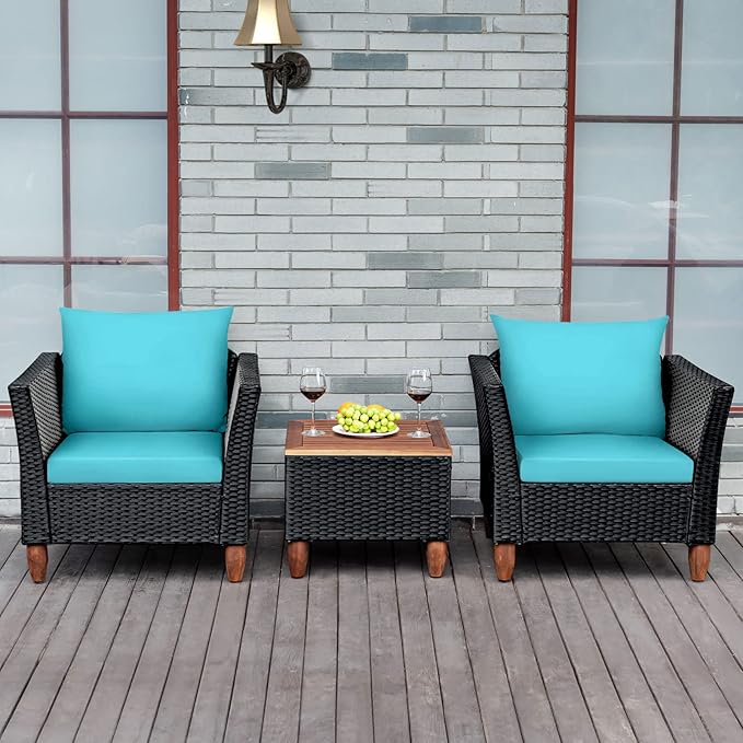 Tangkula 3 Piece Patio Furniture Set, Patiojoy Outdoor Wicker Rattan Bistro Sofa Set w/Washable Cushion, Acacia Wood Top Coffee Table, Conversation Set w/Adjustable Feet for Balcony Backyard Porch
