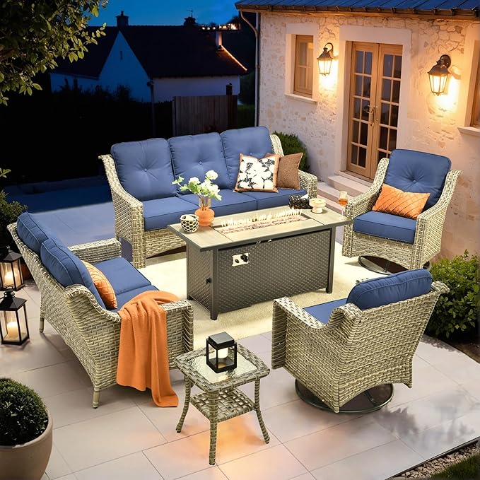HOOOWOOO Patio Furniture Set,6 Pieces Wicker Outdoor Furniture,High Back Conversation Set with All Weather Resistant Fire Pit Table Couch Swivel Chairs,Navy Blue
