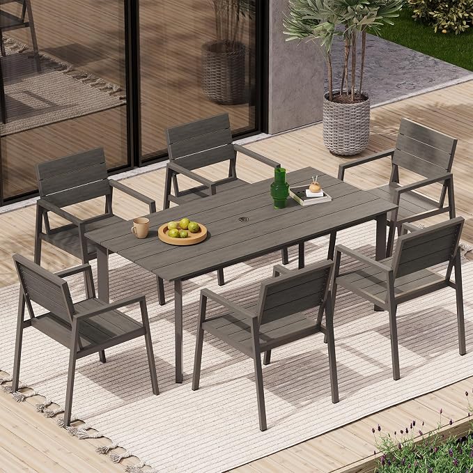 Outdoor Patio Dining Chairs Set of 2, 350LBS Capacity Aluminum Patio Dining Chairs with Armrests, Weather-Resistant for Lawn, Garden, Yard, Poolside and Indoor Use (Gray & Teak)