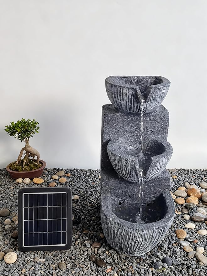 Solar Water Fountain for Garden, 3-Tier Cascading Bowl Design, Outdoor Resin WaterfallFeature with Lights, No Wiring Required, Energy Efficient Yard Decor
