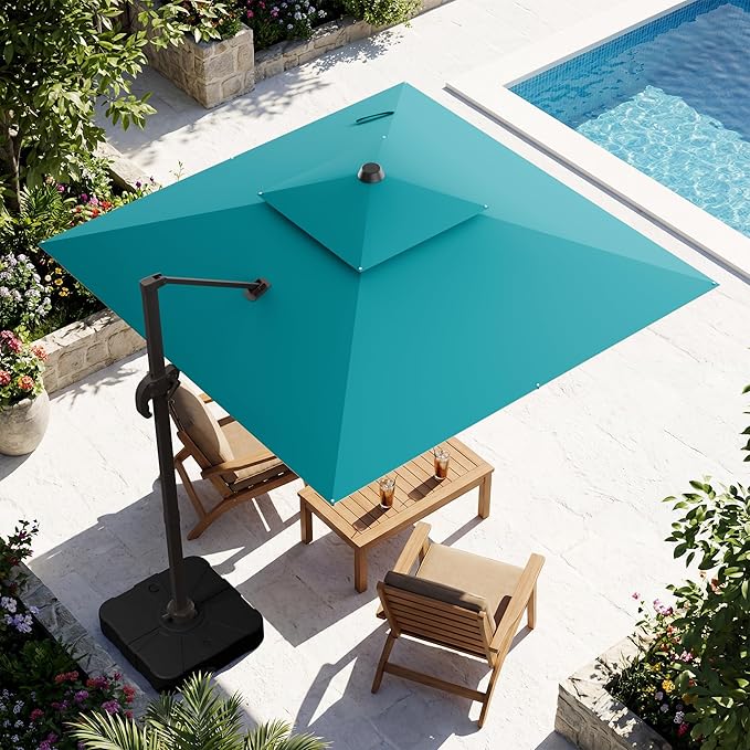 10x10FT Turquoise Cantilever Outdoor Patio Umbrella with Base, Large Square Offset Design, Double Top Heavy Duty Aluminum Frame & 360° Rotation for Pool Garden Deck Backyard