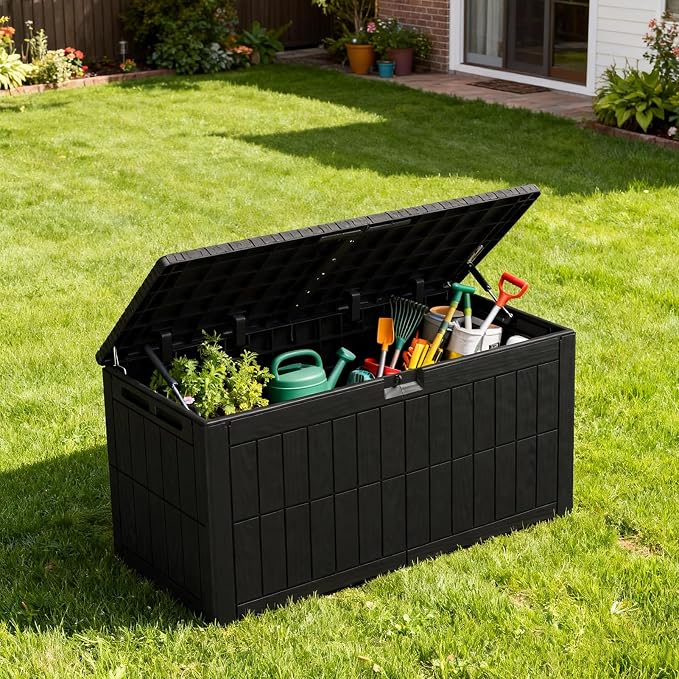 Outdoor Storage Box, Lockable Deck Box, 100 Gallon Resin Storage Bin for Patio Furniture and Garden Tools