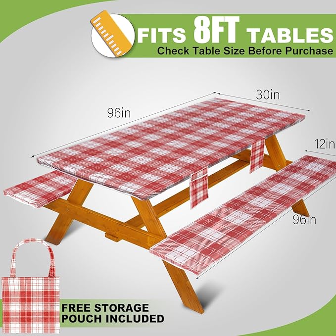 Fitted Picnic Table Cover with Bench Covers Waterproof Elastic Edges Rectangle Patio Tablecloth Outdoor Camping Essentials Stuff Rv Accessories Summer Trip Travel Camper Gifts for Woman Men, 96in 8 ft
