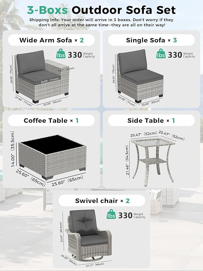 10 Piece Outdoor Wicker Rattan Sectional Sofa Set with Swivel Chairs & Fire Pit Table, 7-Seats with 4" Thickened Cushions & Coffee Table, All-Weather PE Rattan for Garden, Backyard, Porch, Black