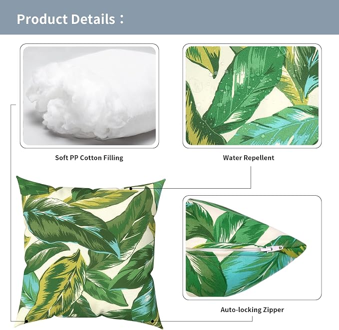 Outdoor Pillows with Insert 20x20 Inch, Waterproof Throw Pillow for Patio Furniture, Decorative Back Cushion for Garden Home Sofa Office Chair, Set of 2, Lush Leaf Jungle