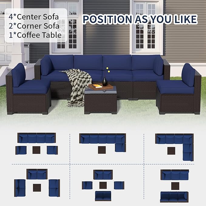 YLGJ&TIDY 7-Piece Outdoor Sectional Patio Furniture Set,Waterproof Patio Furniture with Metal Frame,All-Weather Wicker Rattan Sofa,Perfect for Garden Poolside Backyard (7, Darkbrown&Navy Blue)
