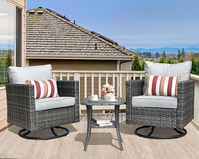 HOOOWOOO Wicker Outdoor Swivel Bistro Set for 2,3 Piece Patio Rocking Chairs and Table,All Weather Resistant Outside Out Door Rattan Rockers Furniture Set,Light Gray