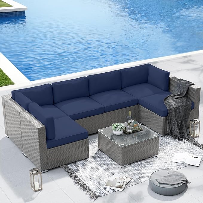 SUNCROWN Outdoor Patio Furniture Set 7 Piece Outdoor Sectional Sofa Grey Wicker Conversation Sofa Set with Coffee Table, Cushions and Waterproof Cover,Dark Blue