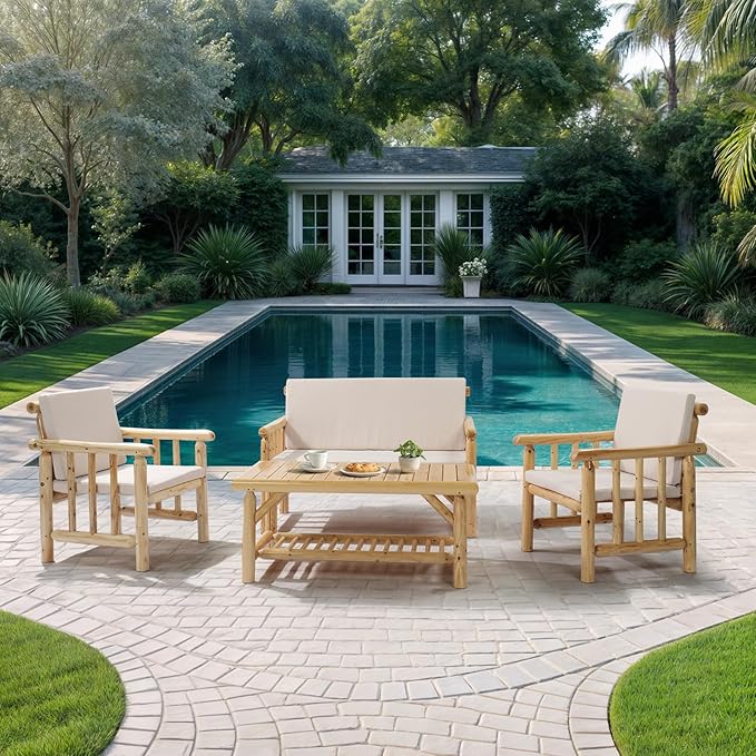 VINGLI Outdoor Patio Furniture Sets 4-Piece, Fir Wood Patio Couch Sets w/Coffee Table, Outdoor Conversation Sectional Set with Removable Cushion for Garden, Lawn, Balcony (Nature Color)
