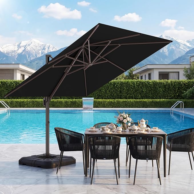 HASLE OUTFITTERS 10x10 FT Patio Cantilever Umbrella with Base, Outdoor Offset Large Heavy Duty Umbrellas with 360° Rotation for Pool Garden Deck，Black