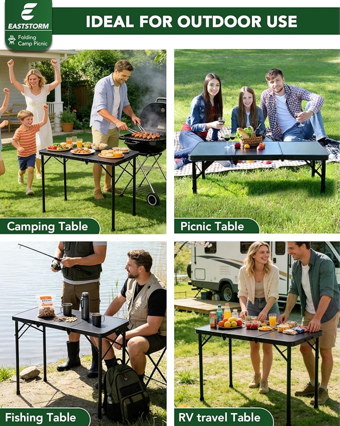 E EASTSTORM 3ft Folding Camping Table, Folding Table with 3 Adjustable Height, Portable Table with Handle, for Outdoor, Backyard, BBQ, Picnic, Cooking, RV, fits 2–4 People, Black