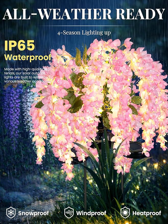 GIGALUMI Solar Lights Outdoor for Garden Decor, 2 Pack Solar Flower Lights Waterproof, 2 Lighting Modes Wisteria for Pathway,Yard, Patio Decoration, Gardening Gifts for Women (Pink)