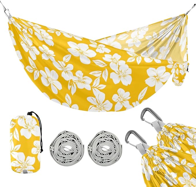 Camping Hammock Outdoor Hammocks for Outside Yellow White Flower Beach Trees Portable Lightweight with Pockets Tree Straps Indoor Small