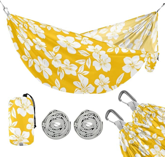 Camping Hammock Outdoor Hammocks for Outside Yellow White Flower Beach Trees Portable Lightweight with Pockets Tree Straps Indoor Small