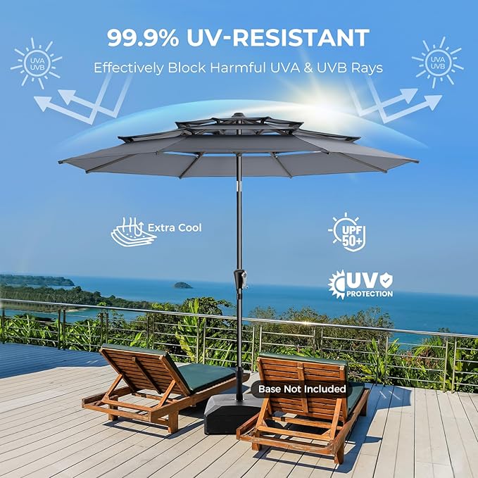 HOMSHADE 9FT 3-Tiers Outdoor Patio Umbrella with 5-Year Fade Resistant,Vented Outdoor Commercial Market Umbrella with UPF50+ UV Protection & Push Button Tilt and Crank for Pool,Backyard(Grey)