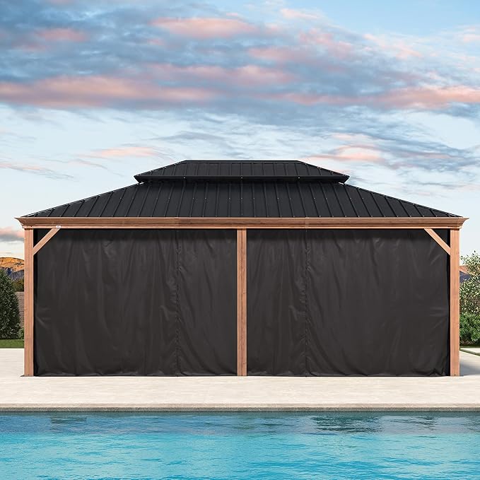 PURPLE LEAF 14' X 20' Outdoor Hardtop Gazebo for Patio Galvanized Steel Double Roof Permanent Canopy Teak Finish Coated Aluminum Frame Pavilion Gazebo with Netting and Black Curtains