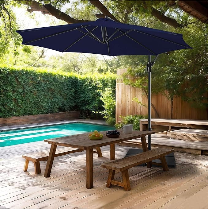 FLAME&SHADE 10ft Cantilever Patio Umbrella Outdoor, Large Offset Umbrella with Crank and Cross Base, UPF 50+ UV Protection Hanging Umbrella for Pool Deck Garden (Navy Blue)