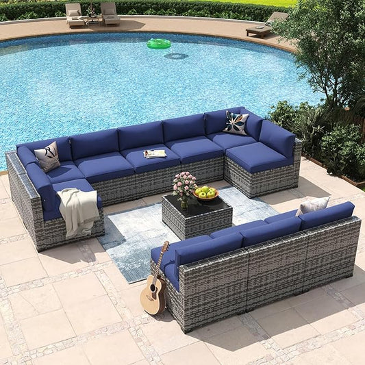 Aoxun 11 Piece Patio Furniture Set Wicker Rattan Patio Conversation Set Outdoor Sectional Sofa Set with Coffee Table and Thickened Cushions, Gray/Blue