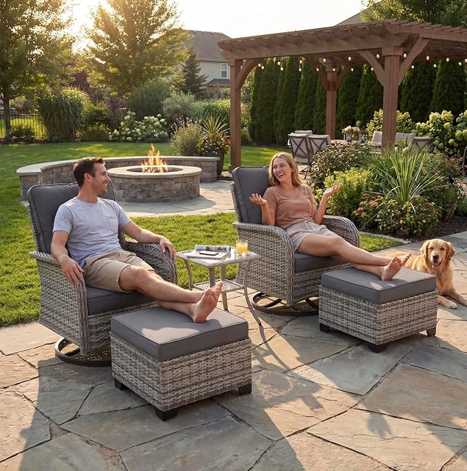 Outdoor Patio Furniture Set Patio Rocking Swivel Chair with Tempered Glass Side Table, Outdoor Wicker Rattan Bistro Set with Ottomans for Garden, Deck, and Balcony, Grey