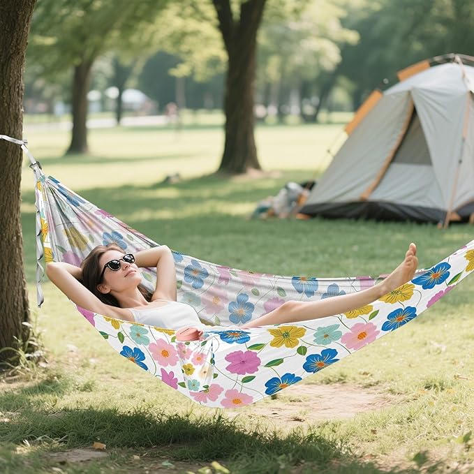 Camping Hammock Outdoor Hammocks for Outside Pink Blue Flower Beach Trees Portable Lightweight with Pockets Tree Straps Indoor