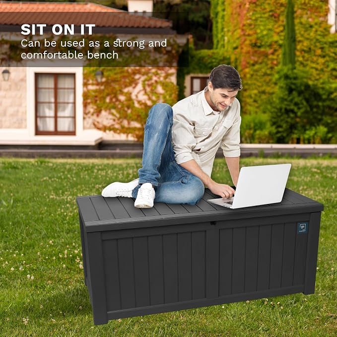 120 Gallon Outdoor Storage Box, Durable Deck Boxes Outdoor, Large Resin Waterproof Deck Box for Patio Furniture Outdoor Cushions Garden Tools and Pool Storage (Black, 120 Gallon)