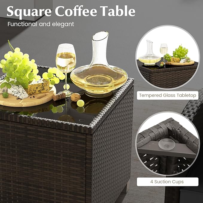 COSTWAY 5-Piece Rattan Conversation Set, Outdoor Sofa, Tempered Glass Coffee Table & Ottomans for Small Space, Boho Chic Indoor/Outdoor Furniture for Patio, Living Room & Apartment (Black)
