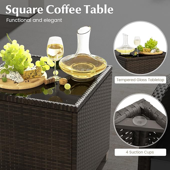 Tangkula 5 Pieces Patio Conversation Set, PE Wicker Rattan Outdoor Furniture Set with 2 Chairs, 2 Ottomans & Tempered Glass Coffee Table, Ideal for Poolside, Backyard, Lawn, Deck, Mix Brown & Black