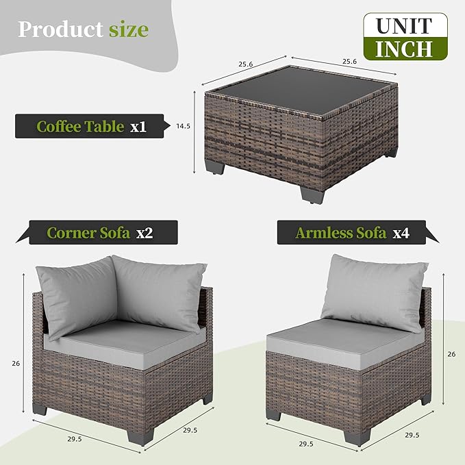 7 Pieces Patio Furniture Set - Outdoor Sectional Wicker Rattan Furniture with Cushion and Glass Table Patio Conversation Sets for Porch Poolside Backyard Outdoor Sofa Set Modular Sofa