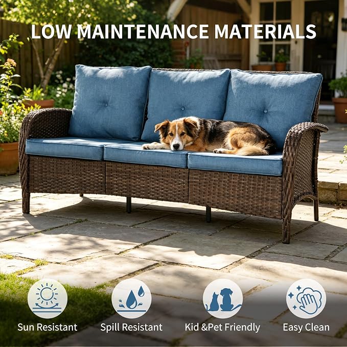 All Weather Patio Furniture Set, High Back Swivel Rocker Glider Chairs，Ottomans & Glass Tables, Outdoor Conversation Set for Deck Porch Yard Poolside (Blue, 7PCS-Sofa&Swivel Chairs&Ottomans&Tables)