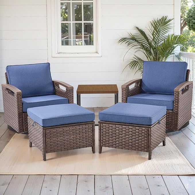 Rilyson Wicker Outdoor Patio Furniture Set - 5 Piece Patio Conversation Sets with Swivel Rocker Chairs, Ottomans and Side Table, Thick Cushions, Waterproof Wicker, for Porch Deck Brown/Blue