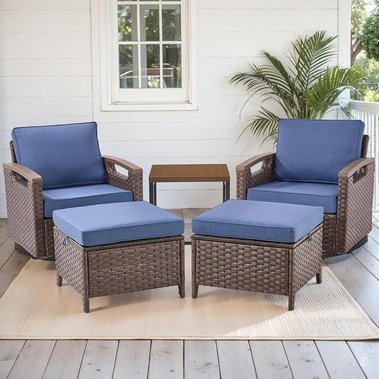 Rilyson Wicker Outdoor Patio Furniture Set - 5 Piece Patio Conversation Sets with Swivel Rocker Chairs, Ottomans and Side Table, Thick Cushions, Waterproof Wicker, for Porch Deck Brown/Blue