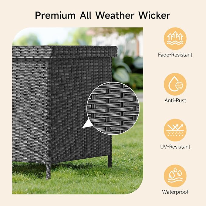 ONBRILL 158 Gallon XL Deck Box with Lid, All Weather Wicker Outdoor Storage Box Waterproof, Large Outdoor Patio Storage Bin for Cushions, Garden Tools, Gears, Black
