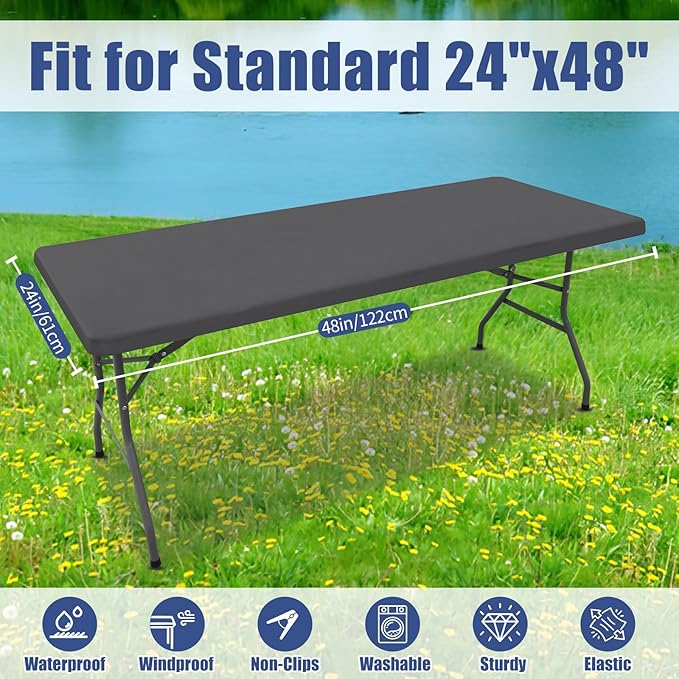 Moosfor Spandex 4 Foot Rectangle Table Cloth 2 Pack, Elastic Fitted Tablecloths for Picnic, Stretch Washable Patio Table Cover for Outdoor, Camping, Banquet and Parties (Dark Grey, 24"x48")