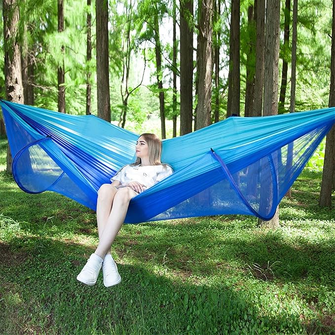 Outdoor Automatic Hammock with Mosquito Net Nylon Portable Lightweight Double Hammock for Camping with 2m Tree Straps Blue 9.5'x4.5'