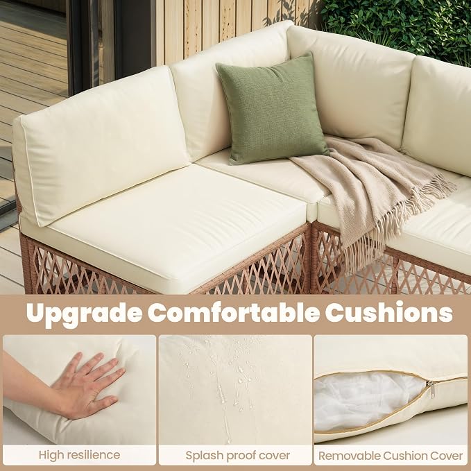 Pamapic 7-Piece Wicker Outdoor Furniture Set, Boho Sectional Sofa Patio Conversation Set with Washable Cushions & Glass Coffee Table, All-Weather Patio Furniture Set for Backyard, Porch, Cream