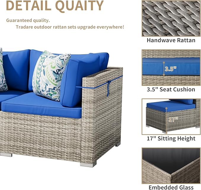 9 Piece Patio Furniture Set, Outdoor Wicker Patio Sofa Set, PE Rattan Sectional Couch with Glass Table and Blue Cushions, All-Weather 9 Piece Outdoor Patio Furniture Sets, Grey