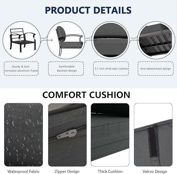 Aluminum Outdoor Patio Furniture Set,5 Seats Patio Conversation Sets with Rectangular Coffee Table,Metal Patio Sectional Furniture Set with 5.1" Thickened Cushions,Grey