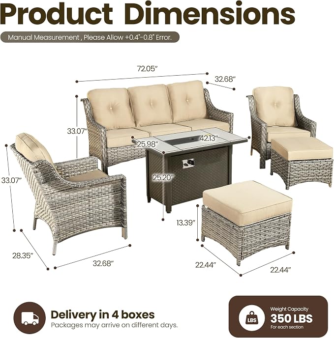 6 Piece Patio Furniture Set with Fire Pit Table, Outdoor Wicker High Back Sofa Chairs Ottoman with Comfy Cushions, Modern Conversation Sets for Backyard Deck Garden Poolside, Beige