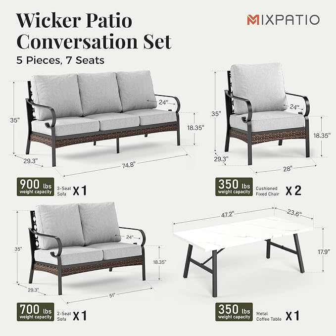 Patio Furniture Set with Coffee Table, Outdoor Conversation Set with 2 x Fixed Chairs, 1 x 2-Seat Sofa, 1 x 3-Seat Sofa for Lawn Garden Backyard, Light Grey